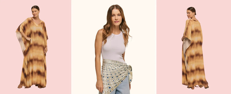 Kaftan estampado em tons terrosos e lenço com olho grego usado como saia em looks leves da Scarf Me.