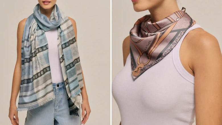 Imagens lado a lado de modelo usando lenços da Scarf Me.