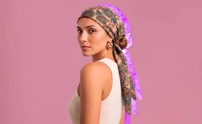 Imagem de mulher contra fundo rosa com lenço na cabeça.