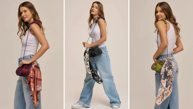 Modelo exibindo bolsas e lenços da Scarf Me. A imagem é um conjunto de três fotos uma ao lado da outra.