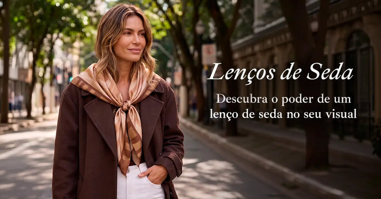 Imagem de modelo ao ar livre usando lenço Scarf Me. Escrita "Lenços de Seda: Descubra o poder de um lenço de seda no seu visual".