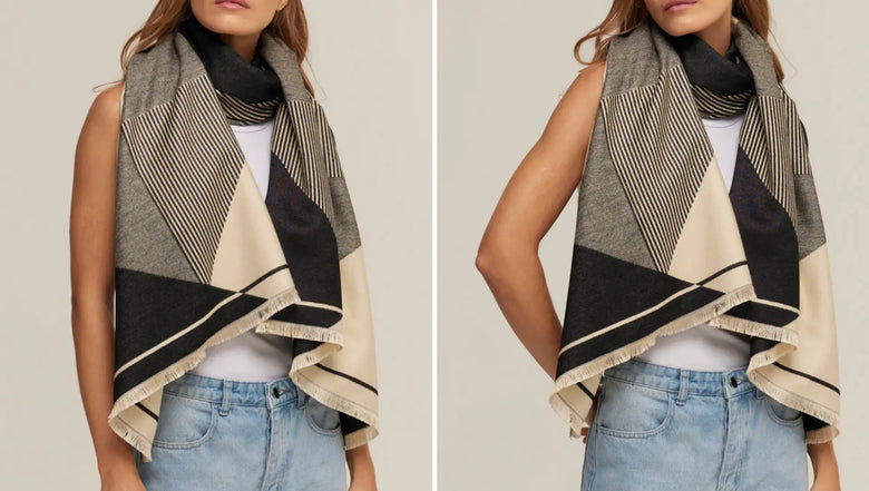 Duas imagens lado a lado de modelo usando pashmina em tons neutros da Scarf Me.
