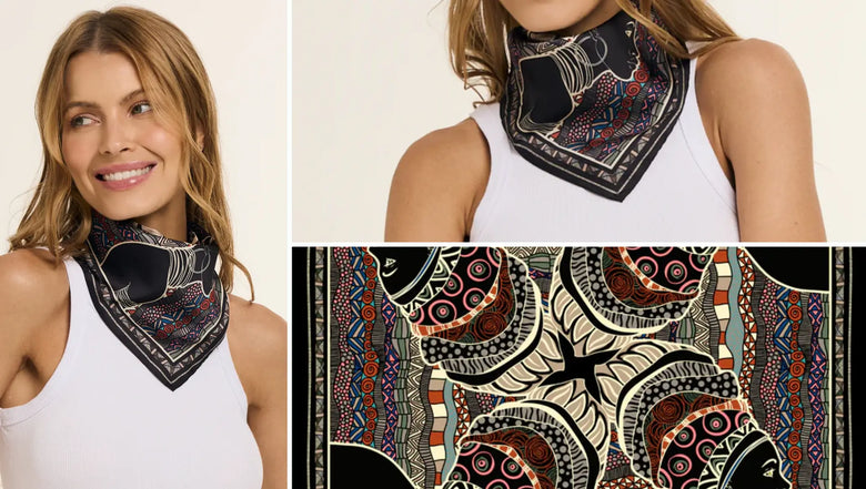 Mosaico com imagem da estampa de lenço e modelo vestindo-o no pescoço.