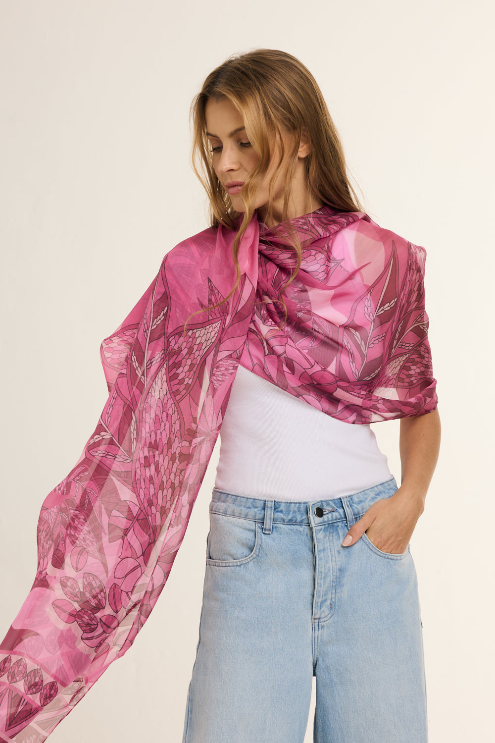 Pink Scarf with Purple Branches in Silk Mousseline