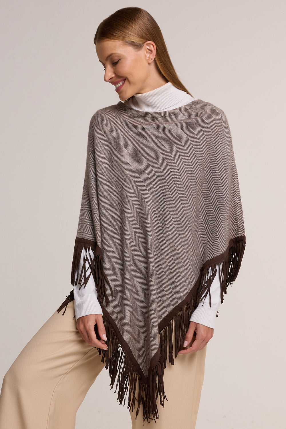 Brown Herringbone cashmere poncho