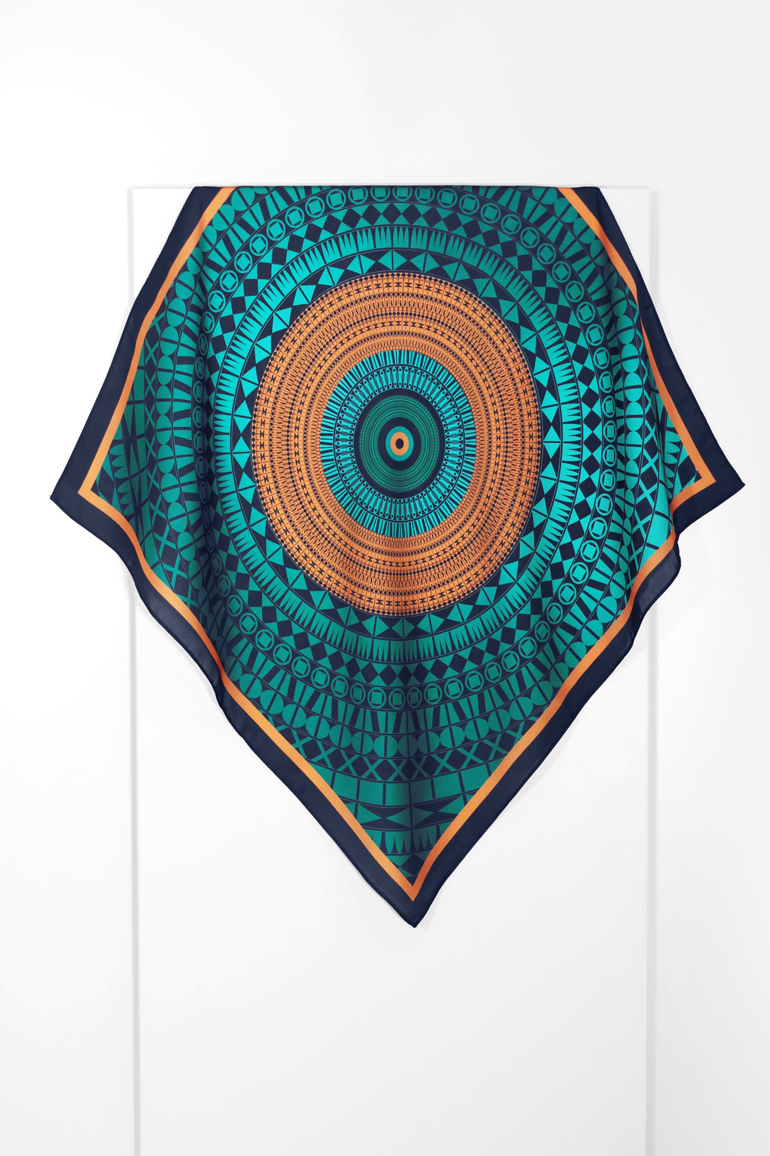 lenço bandana para cabeça e pescoço mandala geometria em cetim poliéster 50x50cm