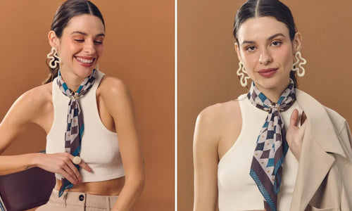 Imagens lado a lado de modelo usando lenço Scarf Me amarrado no pescoço. Ela posa em fundo neutro marrom.