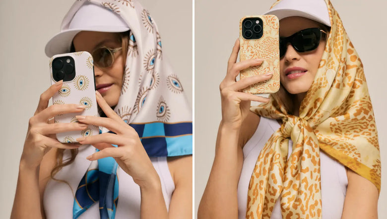 Mulher exibindo produtos Scarf Me, como lenço e capa para celular. Ambos os produtos possuem estampas da marca.