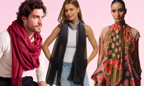 Imagem de homem usando pashmina vermelha, mulher usando echarpe cinza e mulher vestindo lenço.
