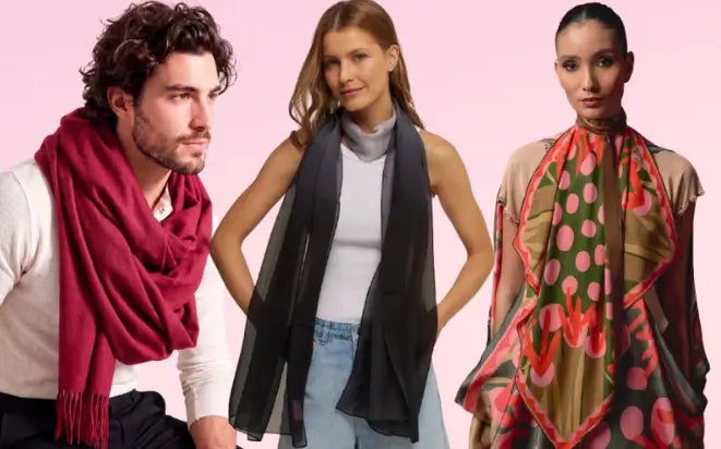 Imagem de homem usando pashmina vermelha, mulher usando echarpe cinza e mulher vestindo lenço.