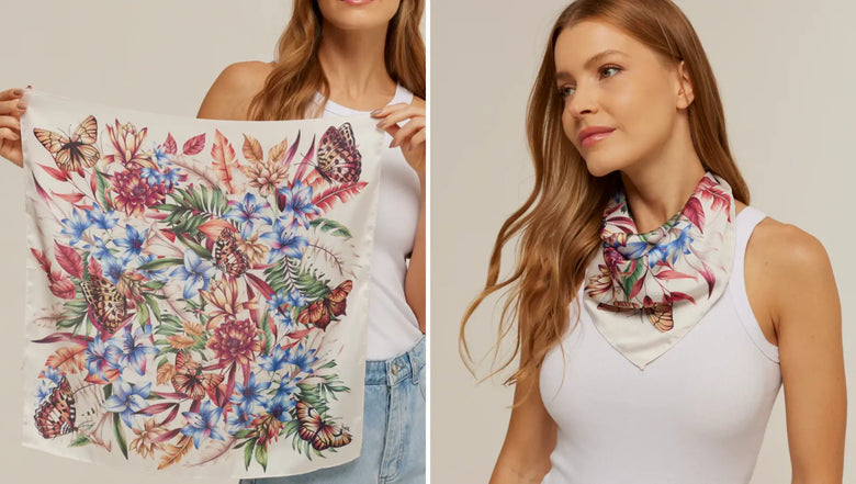 Modelo posando em fundo neutro exibindo lenço estampado da Scarf Me.