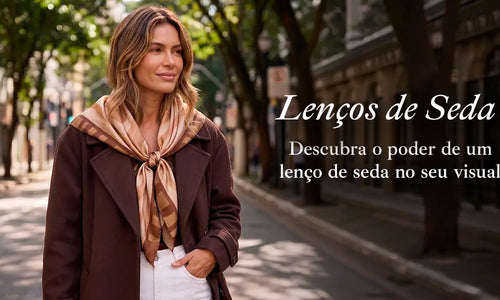 Imagem de modelo ao ar livre usando lenço Scarf Me. Escrita "Lenços de Seda: Descubra o poder de um lenço de seda no seu visual".