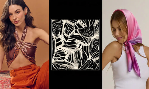 Três imagens lado a lado. Modelo com o Lenço Zebra marrom, estampa do Lenço Race Butterfly e modelo com lenço em tons de rosa na cabeça.  