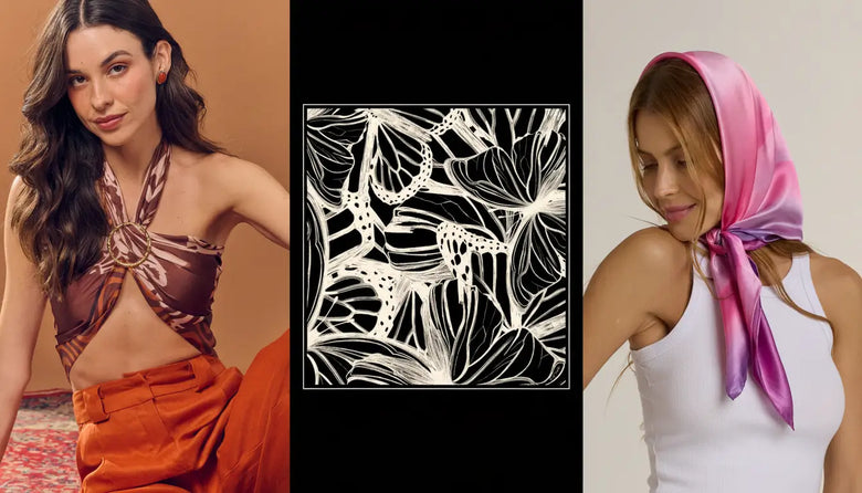 Três imagens lado a lado. Modelo com o Lenço Zebra marrom, estampa do Lenço Race Butterfly e modelo com lenço em tons de rosa na cabeça.  