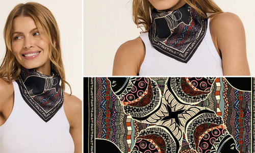 Mosaico com imagem da estampa de lenço e modelo vestindo-o no pescoço.