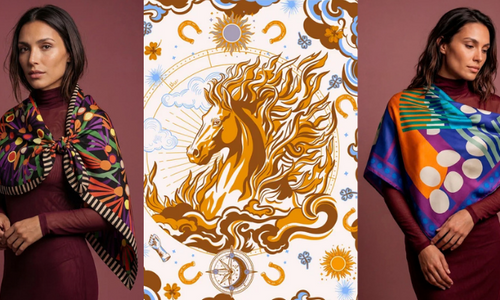 Mosaico com três imagens lado a lado de modelos em fundo rosa com lenço Scarf Me e estampa.