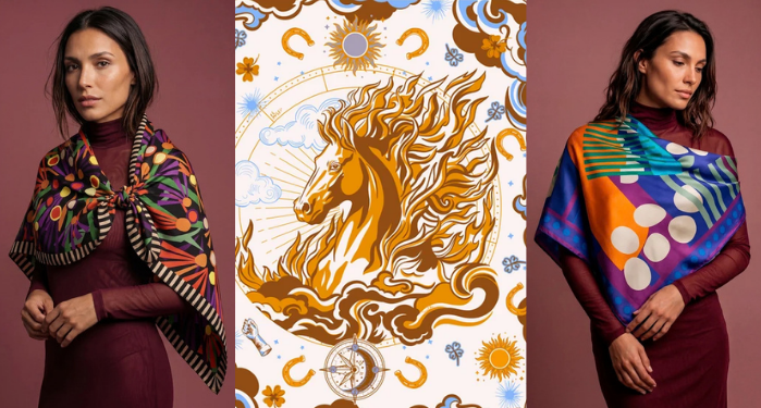 Mosaico com três imagens lado a lado de modelos em fundo rosa com lenço Scarf Me e estampa.