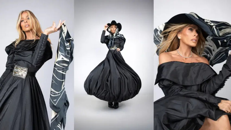 Imagens de Adriane Galisteu vestindo, de várias formas, o lenço Race Butterfly em cetim de seda. O item possui as cores preto e off white e linhas curvas. A apresentadora também utiliza vestido e chapéu pretos.