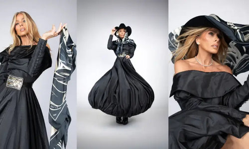 Imagens de Adriane Galisteu vestindo, de várias formas, o lenço Race Butterfly em cetim de seda. O item possui as cores preto e off white e linhas curvas. A apresentadora também utiliza vestido e chapéu pretos.