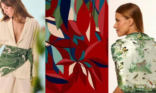 Imagem mosaico de mulheres com lenço com estampa verde e estampa de lenço vermelho no centro.