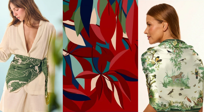 Imagem mosaico de mulheres com lenço com estampa verde e estampa de lenço vermelho no centro.