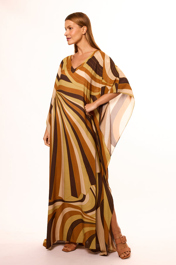 Kaftan longo de viscose Tropical Gráfico terroso