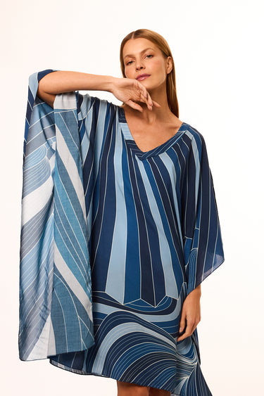 Kaftan curto de viscose Tropical Gráfico azul