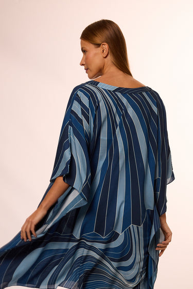 Kaftan curto de viscose Tropical Gráfico azul