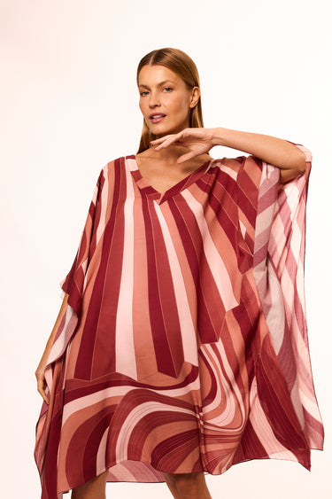Short viscose kaftan, Tropical Graphic, marsala.