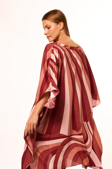 Short viscose kaftan, Tropical Graphic, marsala.