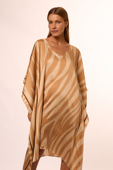 Kaftan curto em cetim de seda Zebra bege