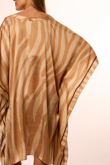 Kaftan curto em cetim de seda Zebra bege