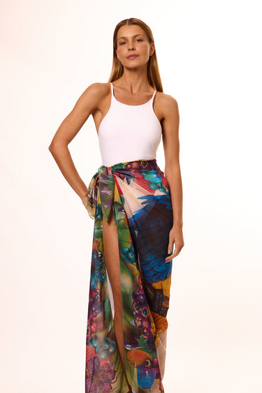 Pareô Arara-azul em mousseline de poliéster | 130x130cm