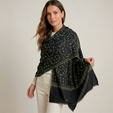 Black/green embroidered cashmere