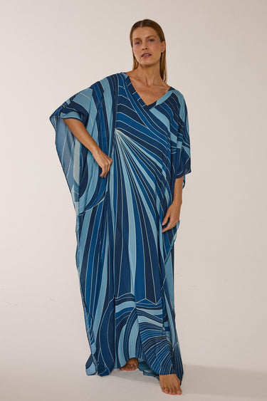 Blue Graphic Tropical Long Viscose Kaftan