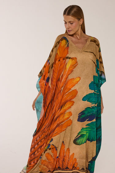Kaftan longo de viscose Penas Cocar