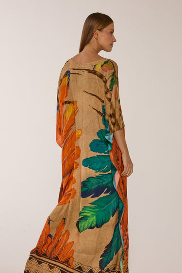 Kaftan longo de viscose Penas Cocar