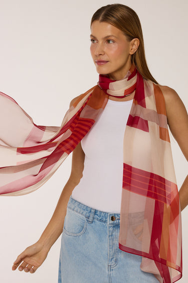 Echarpe Geométrico vermelho em mousseline de seda | 60x210cm