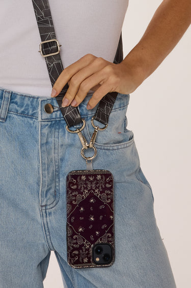 Printed cell phone strap, SP itinerary, black.