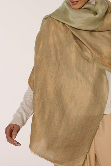 Dupla face Cashmere com seda Zari chá verde