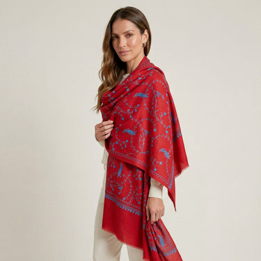 Cashmere Bordado vermelho/azul claro