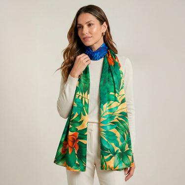 Echarpe double face Brasil Tropical em cetim de seda | 130x200cm