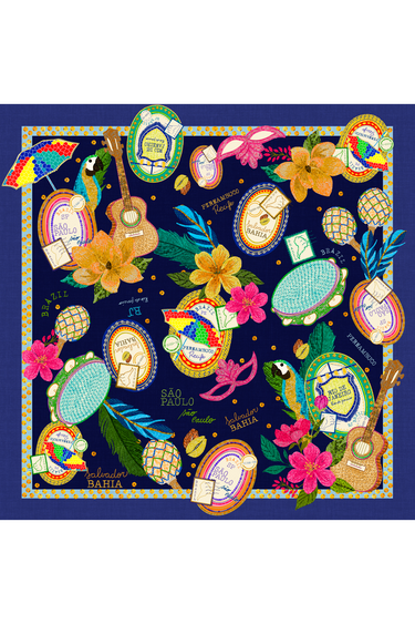 Lenço Passaportes da Alegria azul em cetim de poliéster | 50x50cm