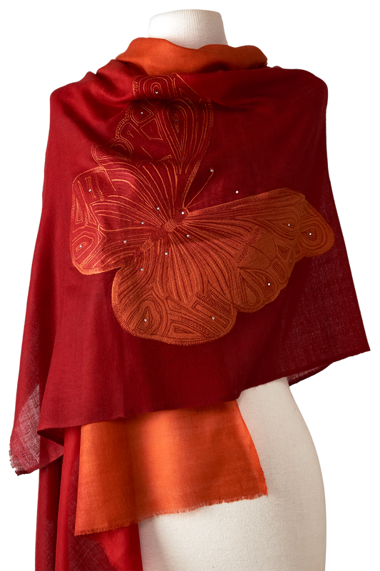   - Cashmere Bordado butterfly degradê vermelho- Scarf Me 