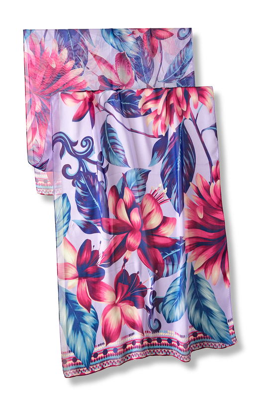   - Echarpe Flor Flamingo lavanda em mousseline de seda | 60x210cm- Scarf Me 