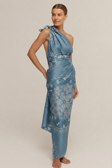 Pareô Ritos de Mar azul em cetim de seda | 130x200cm