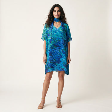 Kaftan curto de seda Plumas