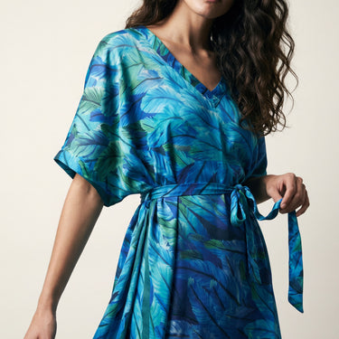 Kaftan curto de seda Plumas