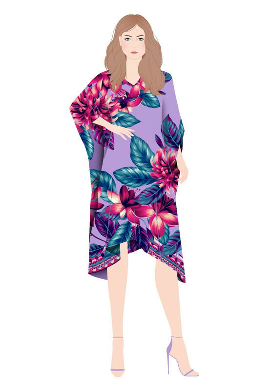   - Kaftan curto de viscose Flor Flamingo lavanda- Scarf Me 