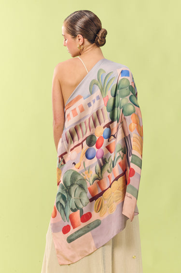 Lenço A Feira I em cetim de poliéster | 90x90cm